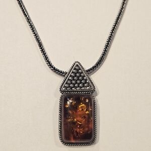 Vintage 90's Lori Bonn 30" Sterling Silver Amber Necklace & Pendant